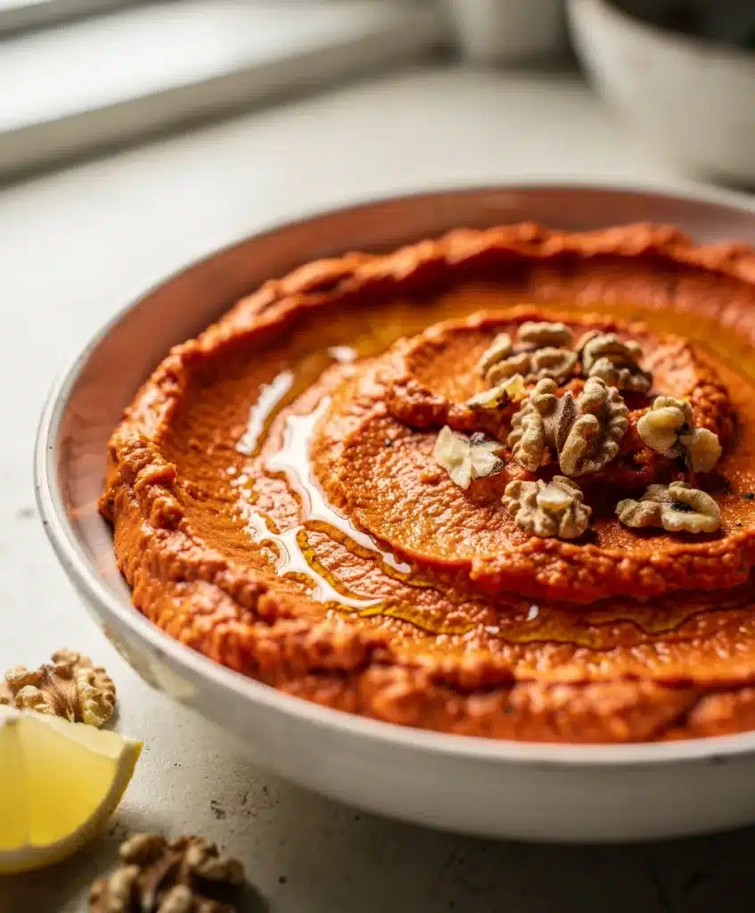 Creamy roasted red pepper walnut dip in a rustic bowl with pita chips.