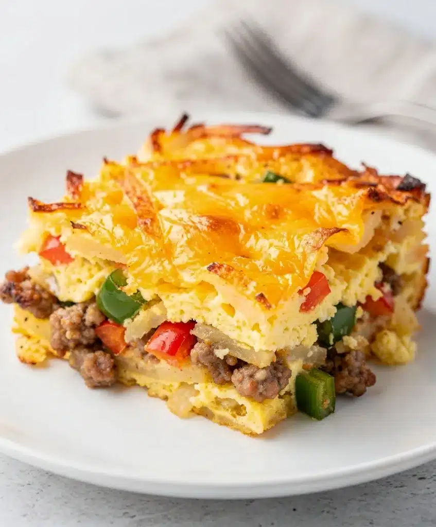 Sausage hash brown breakfast casserole with crispy cheese and savory sausage chunks.