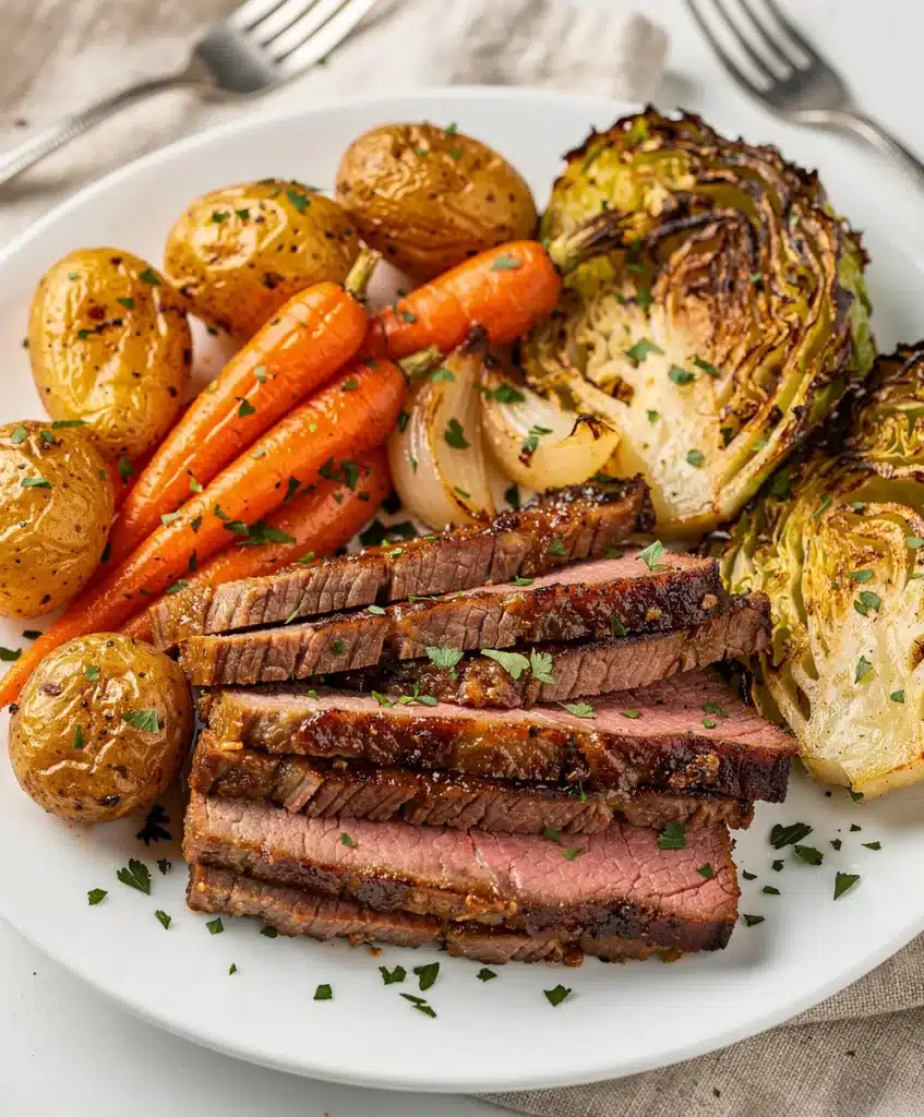 Rustic sheet pan corned beef and cabbage with roasted vegetables and thyme.