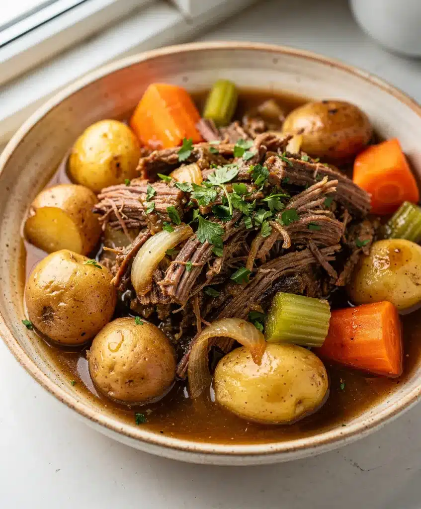Slow cooker pot roast recipe with tender shredded beef and glossy gravy.