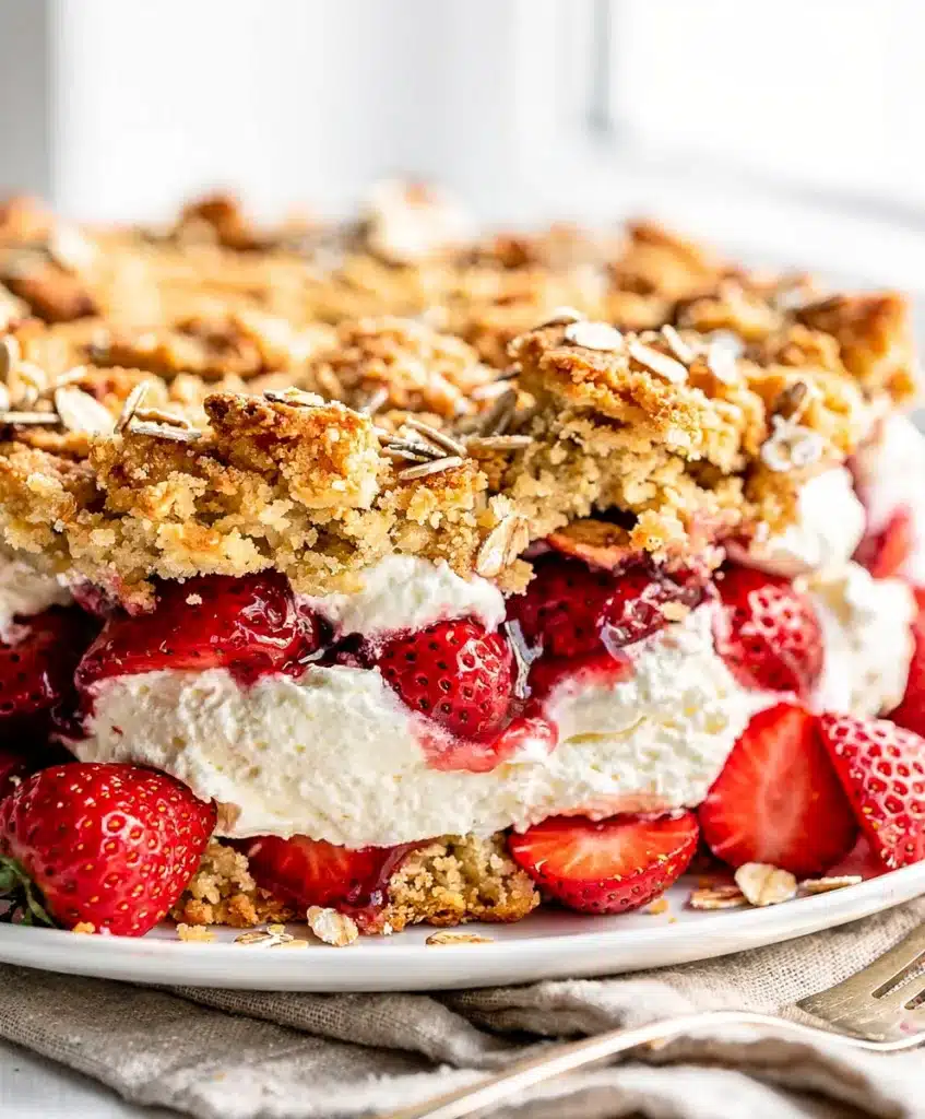 Strawberry cheesecake dump cake recipe with golden oat crumble topping.