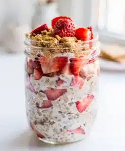 Strawberry cheesecake overnight oats in a jar with fresh fruit topping.