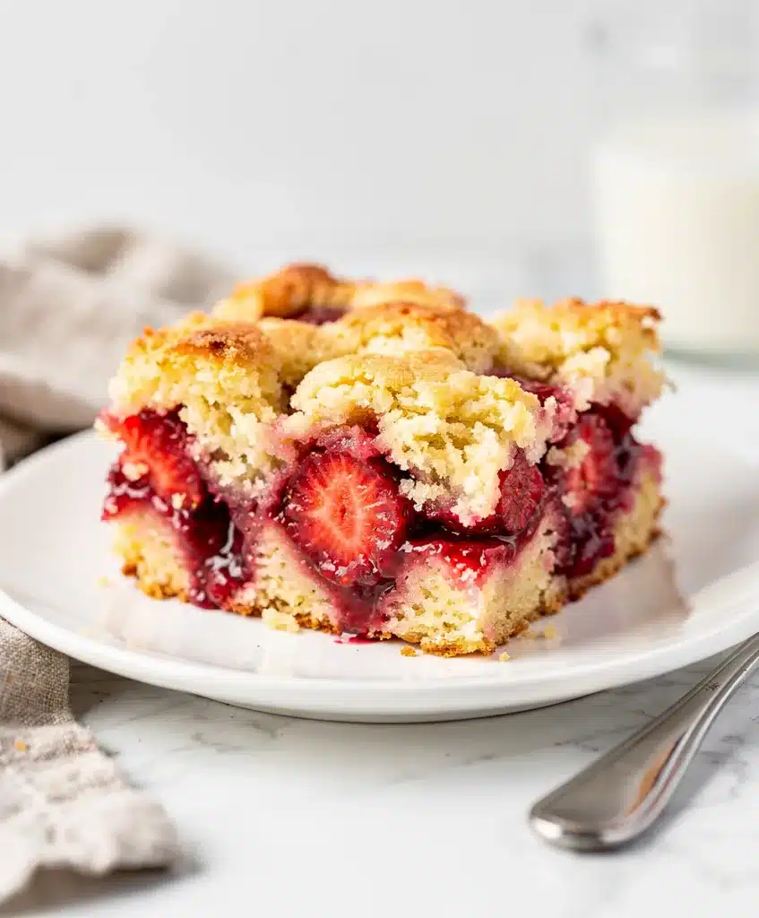 Golden brown strawberry dump cake with red filling on rustic ceramic dish
