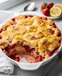 Strawberry lemon dump cake with white chocolate chips in baking dish.