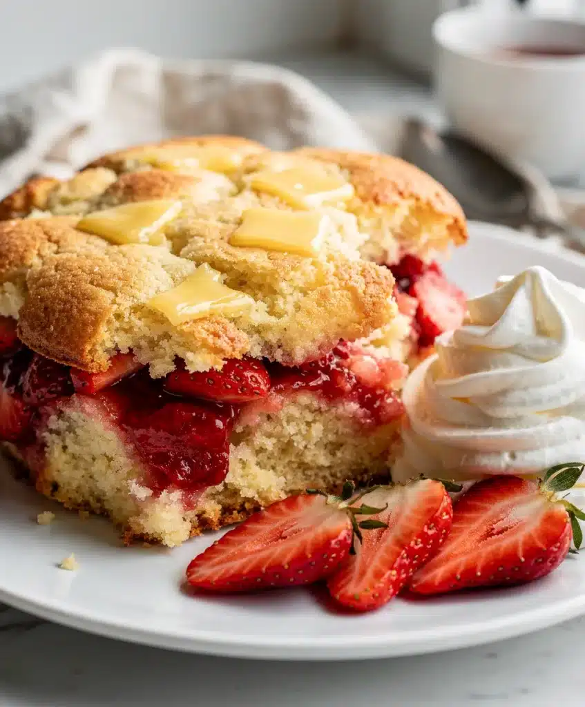 Moist strawberry shortcake dump cake with creamy topping and crispy golden edges