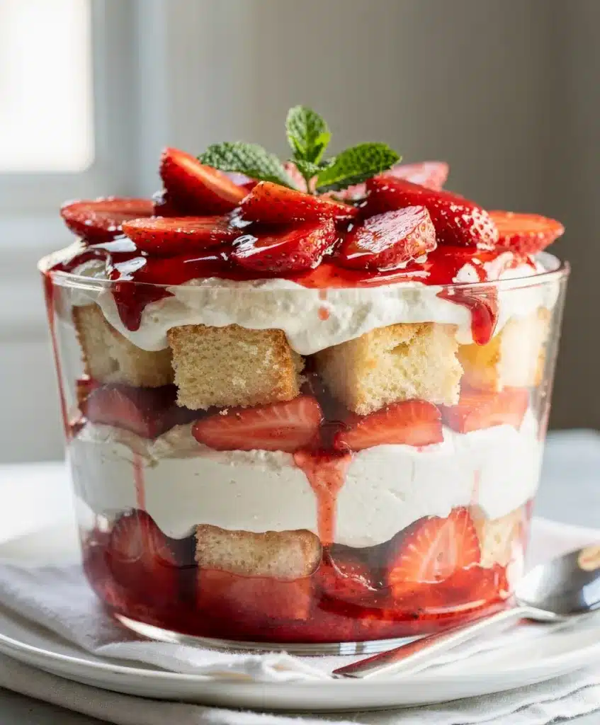 Strawberry shortcake trifle with pound cake strawberries and cream cheese whipped cream