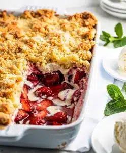 Overhead view of rustic strawberry white chocolate dump cake in ceramic dish.