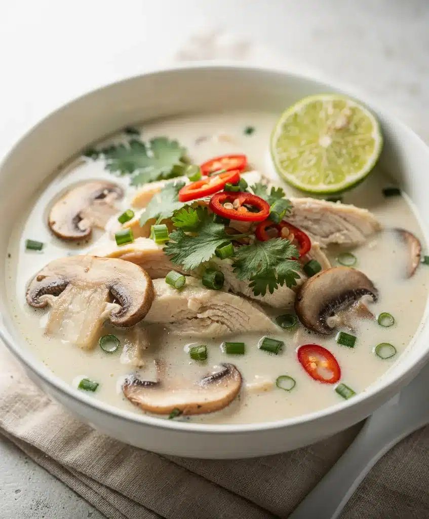 Creamy Thai coconut chicken soup with mushrooms and fresh cilantro garnish.
