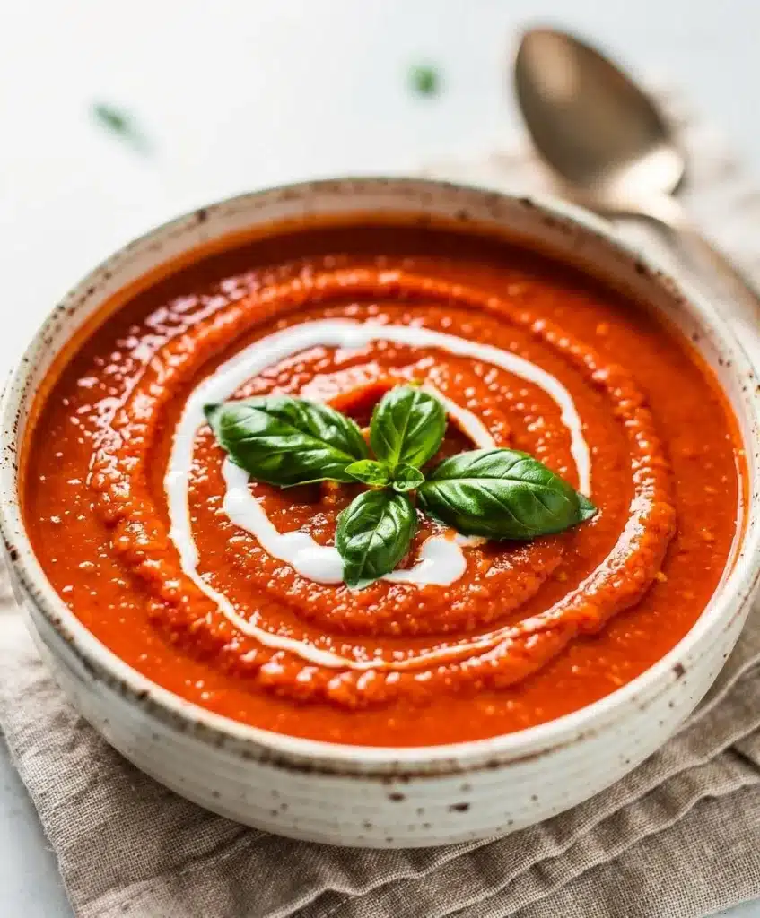 Creamy tomato basil soup with fresh basil and a wooden spoon.