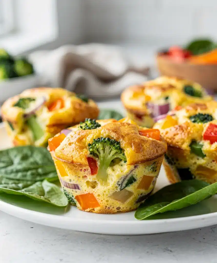 Golden brown veggie egg muffins with melted cheese on rustic white plate