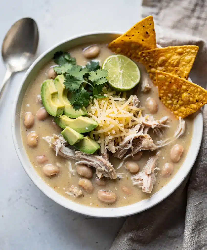 Creamy white chicken chili with shredded chicken beans and avocado garnish