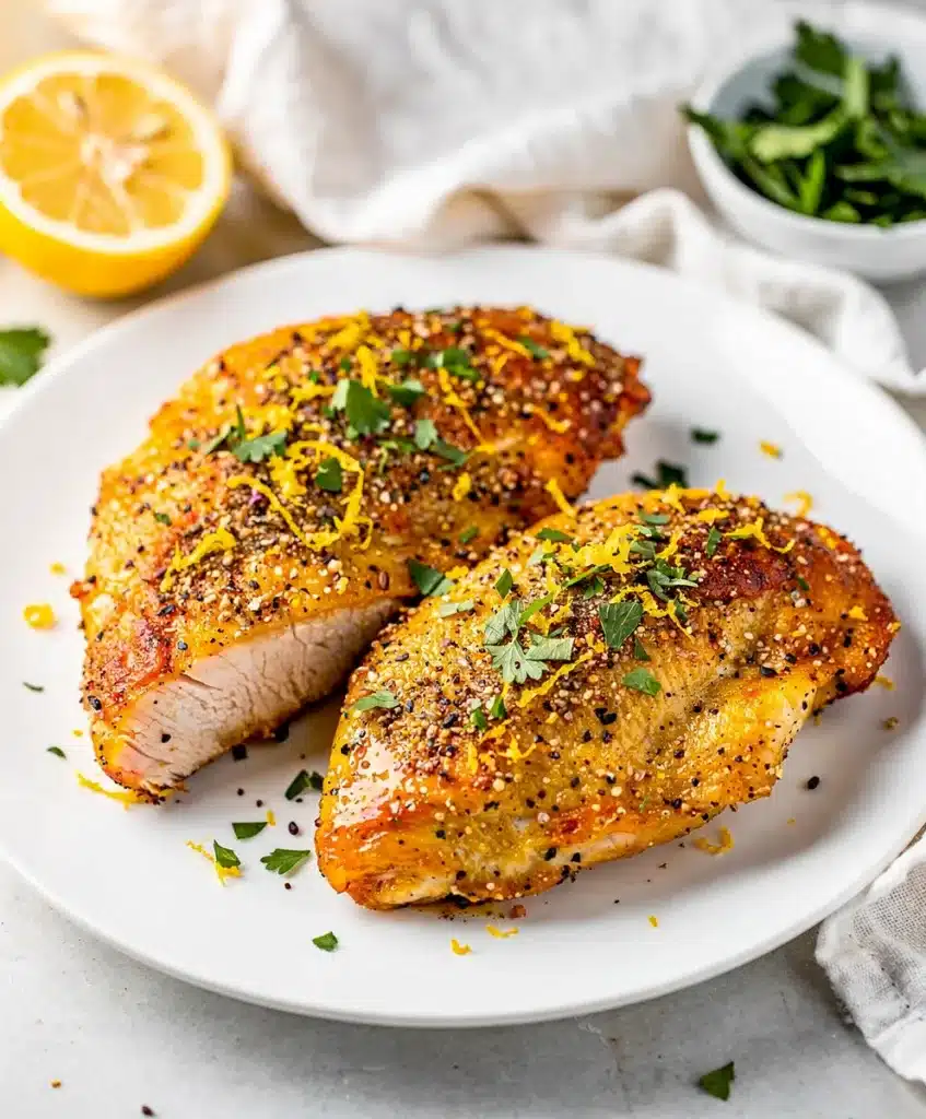 Air fryer lemon pepper chicken with crispy skin and juicy white meat