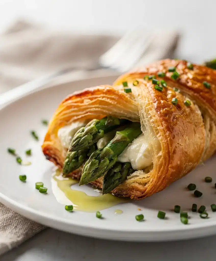 Golden brown puff pastry bundles wrapped around fresh green asparagus spears.