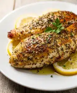 Baked Greek chicken breast with a golden herb crust and fresh oregano.