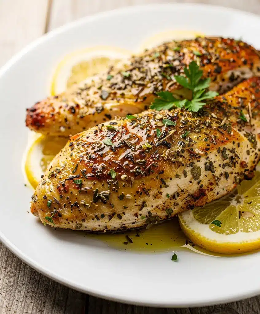 Baked Greek chicken breast with a golden herb crust and fresh oregano.