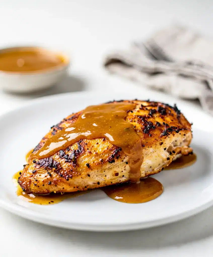 Baked honey mustard chicken recipe with glossy sauce in close up
