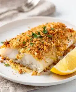 Crispy baked parmesan cod with a golden panko crust and flaky white fish.