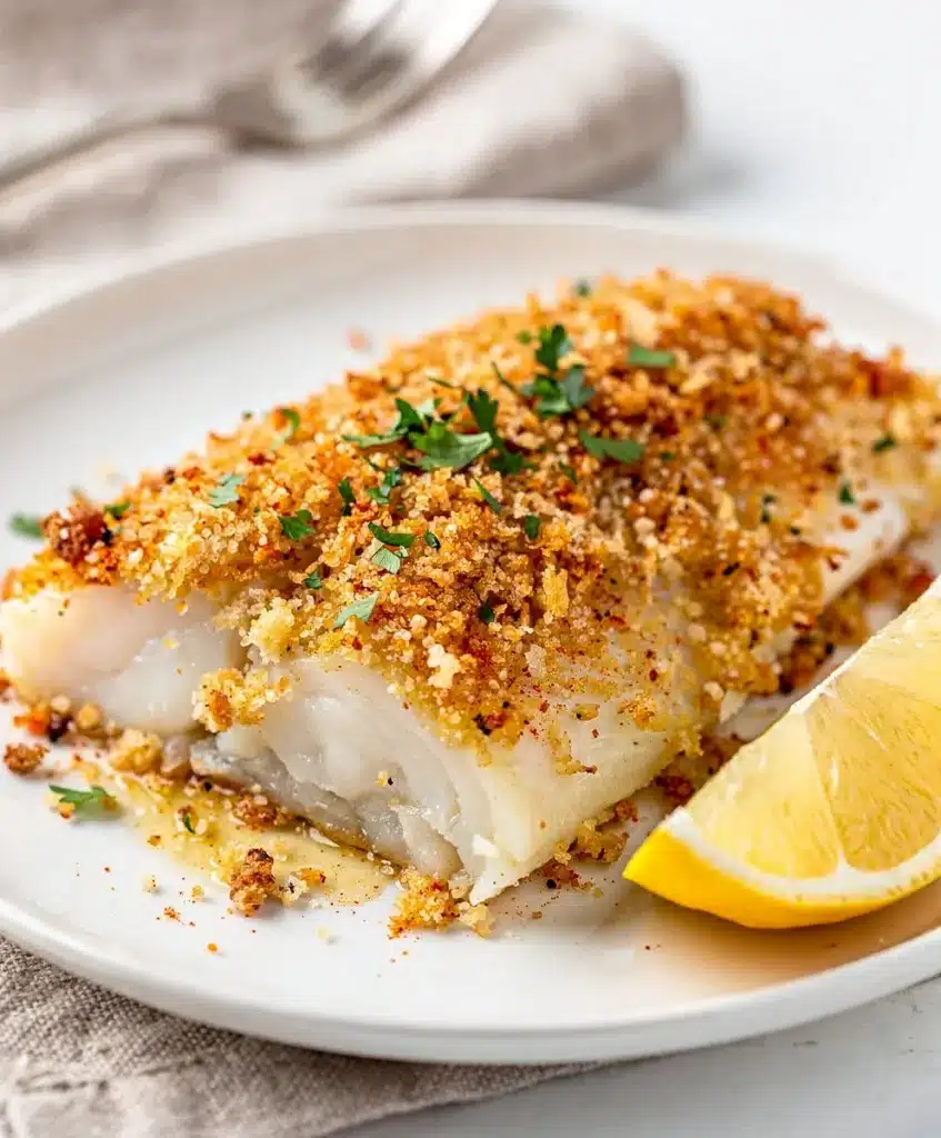 Crispy baked parmesan cod with a golden panko crust and flaky white fish.