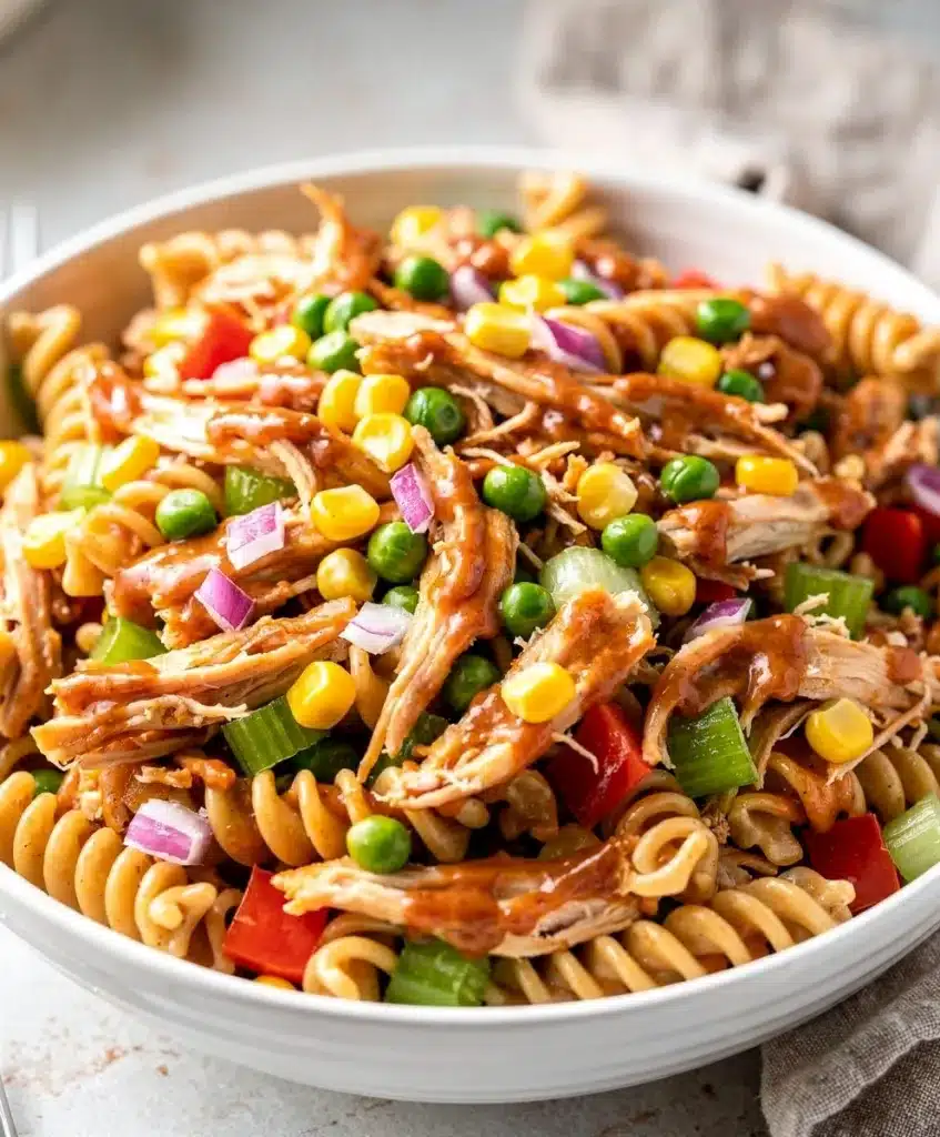 Creamy barbecue chicken pasta salad with corn peas and bell peppers