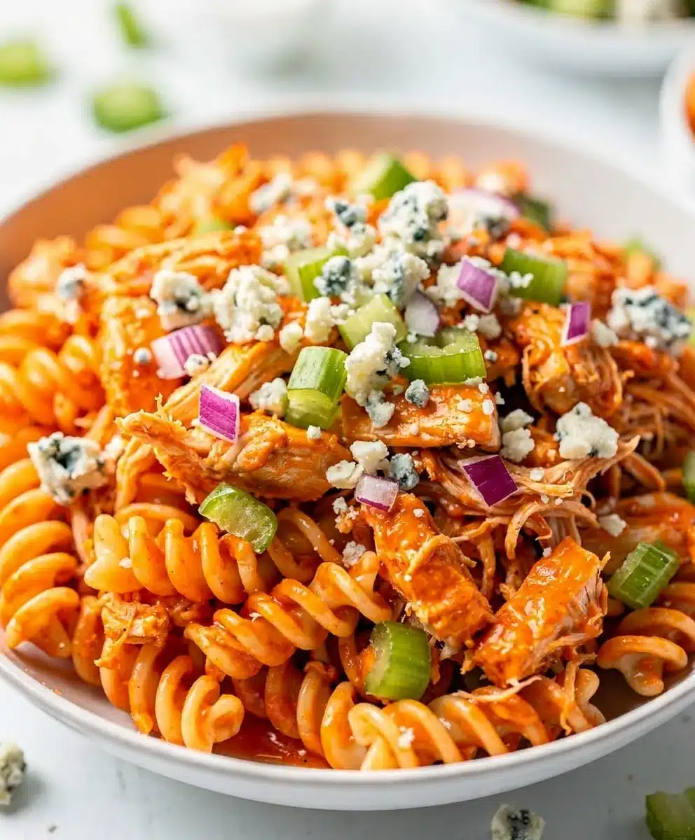 Buffalo chicken pasta salad with creamy dressing and crisp celery in a bowl