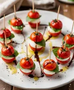 Colorful mini caprese skewers with fresh mozzarella and cherry tomatoes.