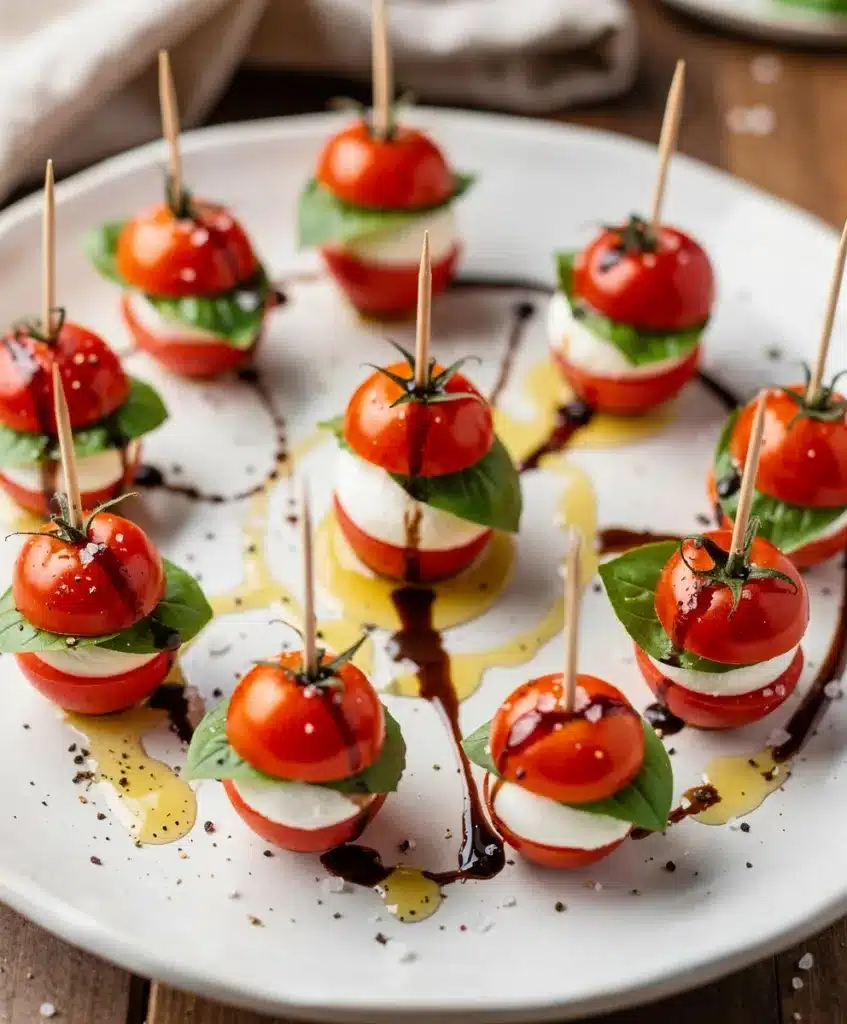 Colorful mini caprese skewers with fresh mozzarella and cherry tomatoes.