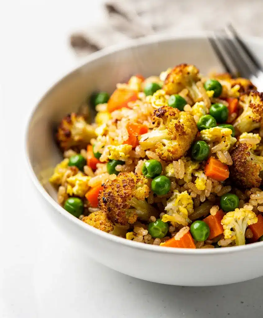 Healthy cauliflower fried rice recipe with crispy egg and colorful vegetables.