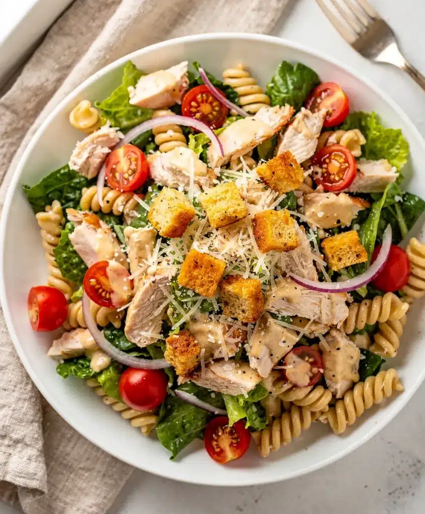 Creamy chicken Caesar pasta salad with crisp lettuce and crunchy croutons.