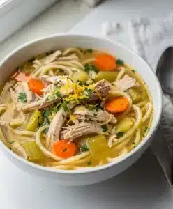 Hearty chicken noodle soup with tender chicken and vegetables in glossy broth