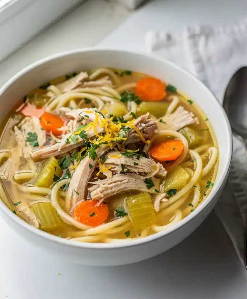 Hearty chicken noodle soup with tender chicken and vegetables in glossy broth