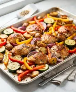 Colorful roasted chicken and veggies on a white sheet pan for easy dinners.