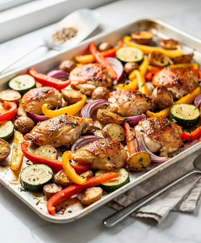 Colorful roasted chicken and veggies on a white sheet pan for easy dinners.