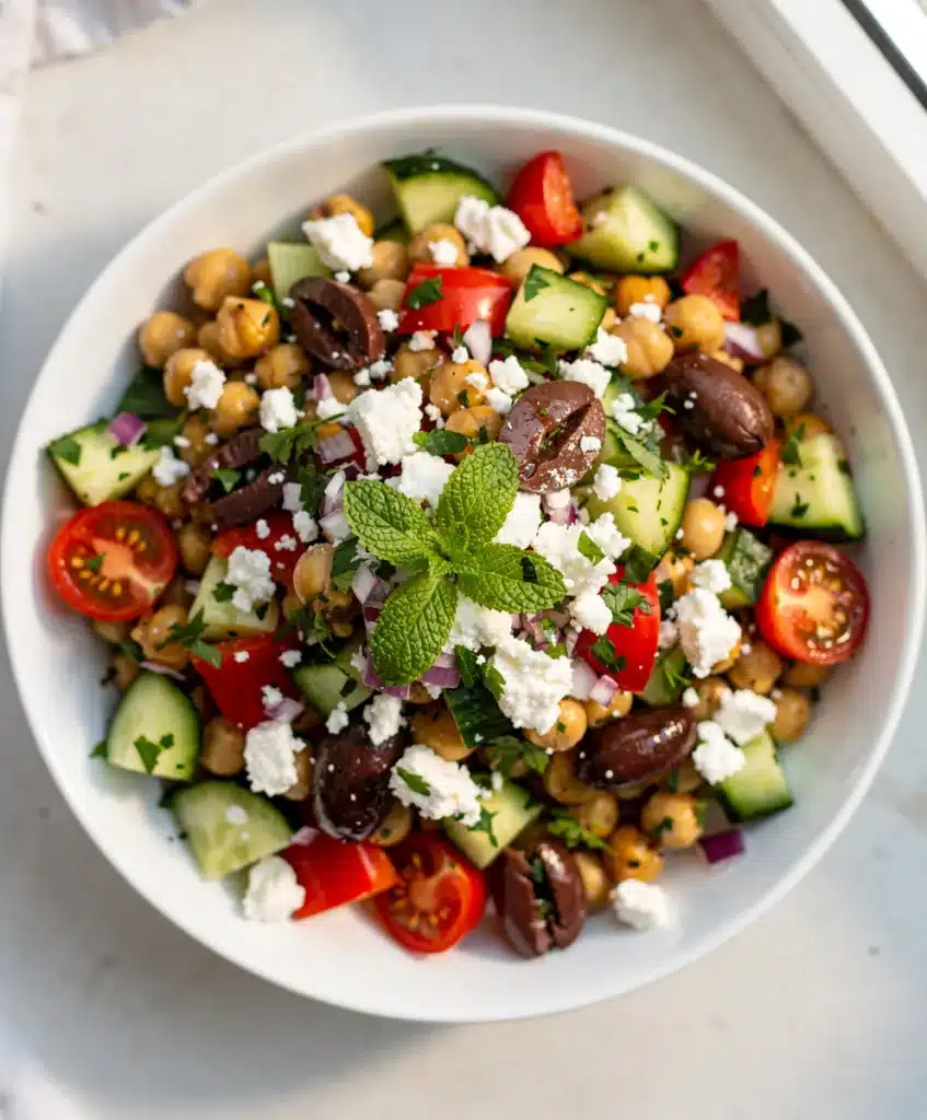 Colorful Mediterranean chickpea salad with feta olives and fresh vegetables recipe.