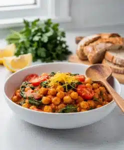 Hearty chickpea and tomato stew in a rustic bowl with fresh spinach.