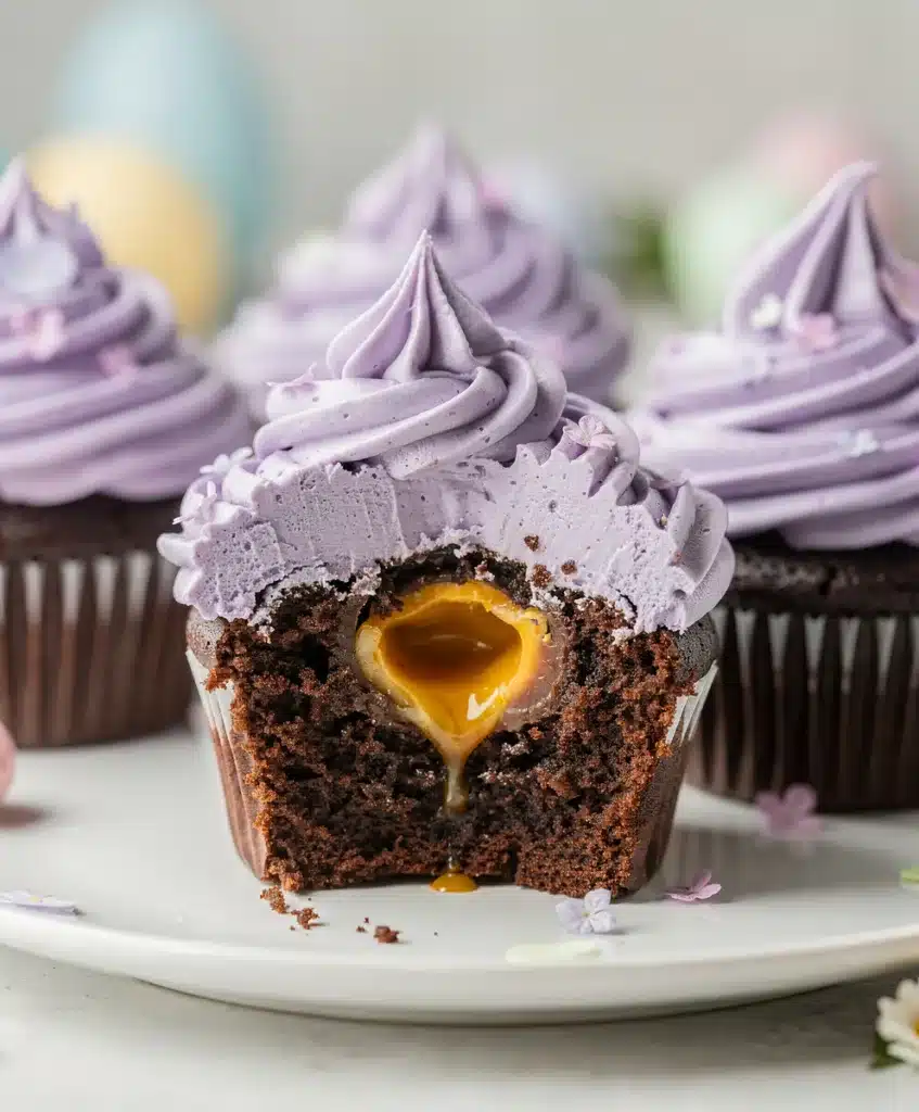 Chocolate Cadbury egg cupcake sliced open reveals molten creme egg center.