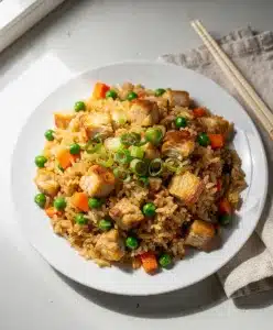 Classic chicken fried rice recipe with glossy sauce and crispy rice bits