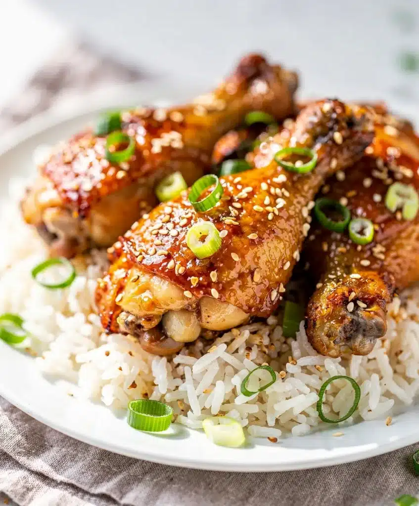 Crockpot honey garlic chicken with glossy sticky sauce and green onion garnish.