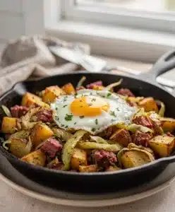 Rustic cast iron skillet of savory corned beef hash with cabbage and potatoes.