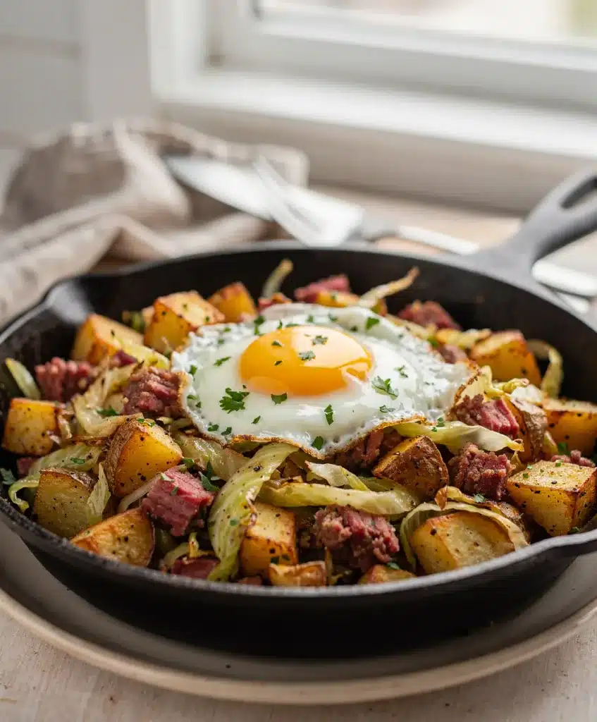Rustic cast iron skillet of savory corned beef hash with cabbage and potatoes.