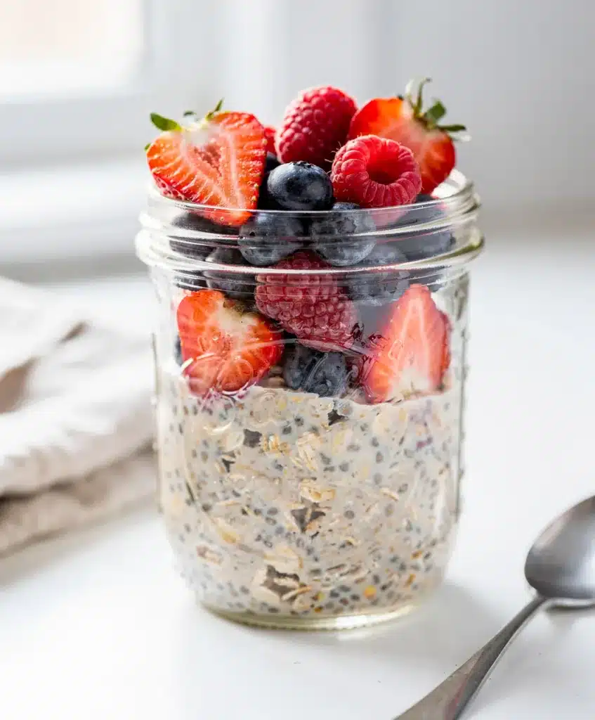 Creamy overnight oats with berries in a clear glass mason jar