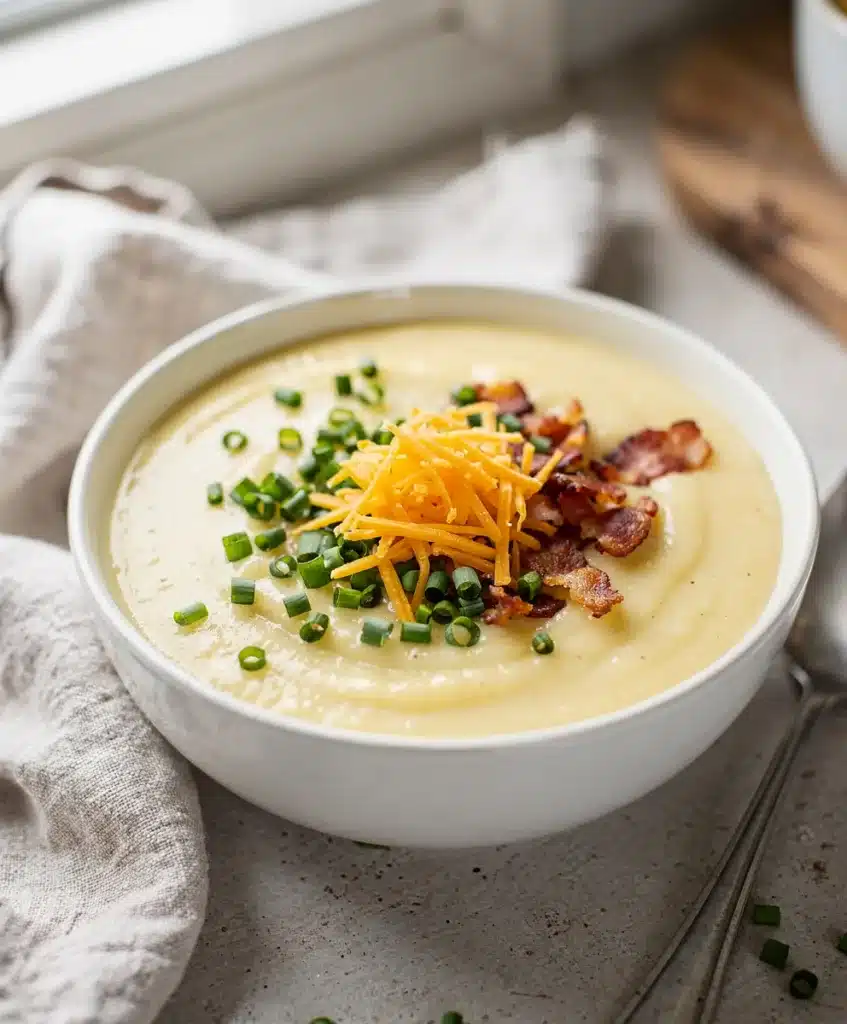 Creamy potato soup garnished with crispy bacon and cheddar cheese in a rustic bowl.