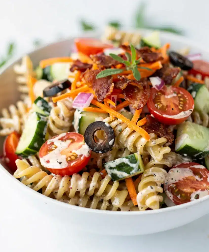 Creamy ranch pasta salad with rotini, bacon, and fresh herbs in a bowl.