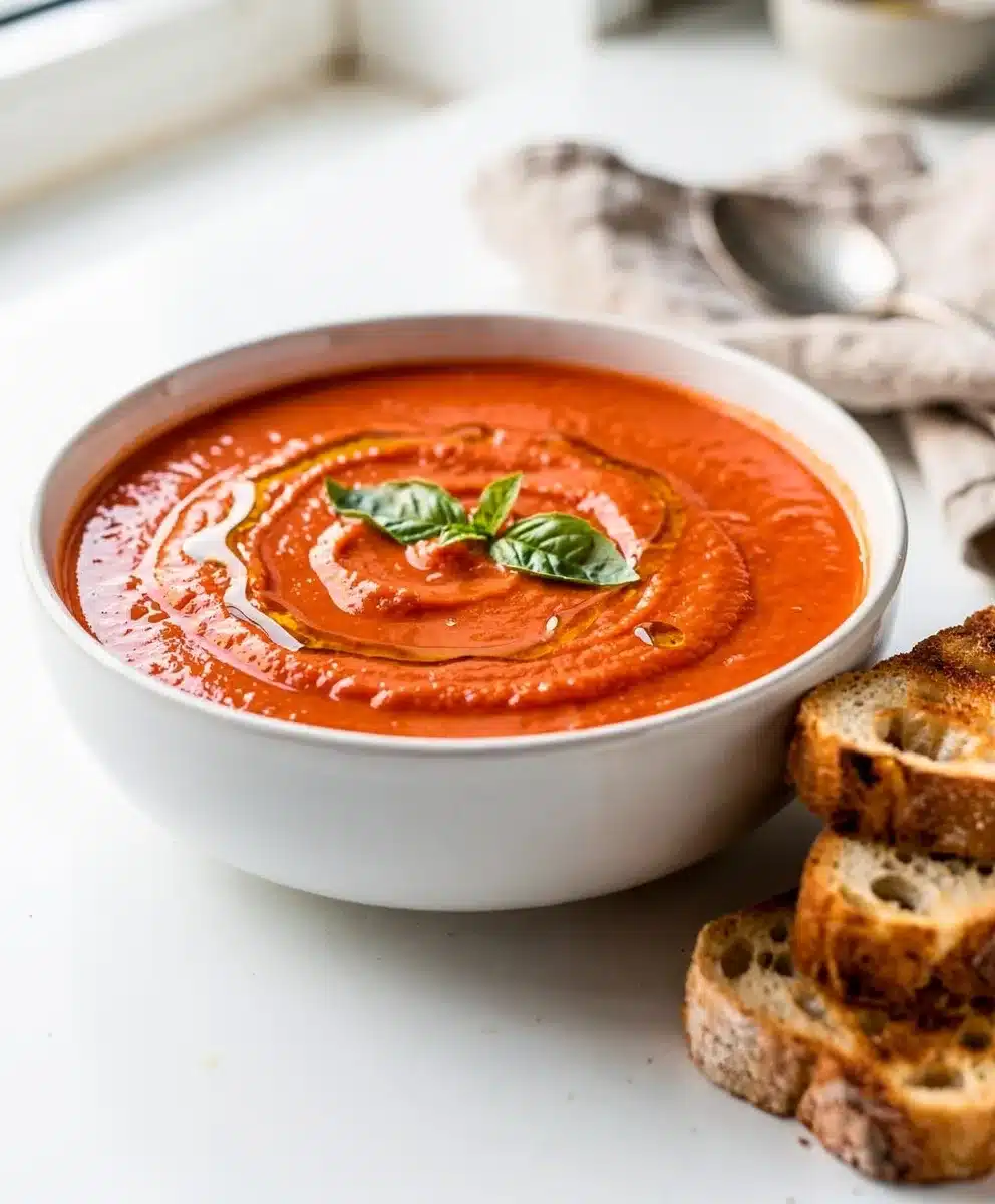 Creamy tomato basil soup with fresh herbs in a rustic bowl