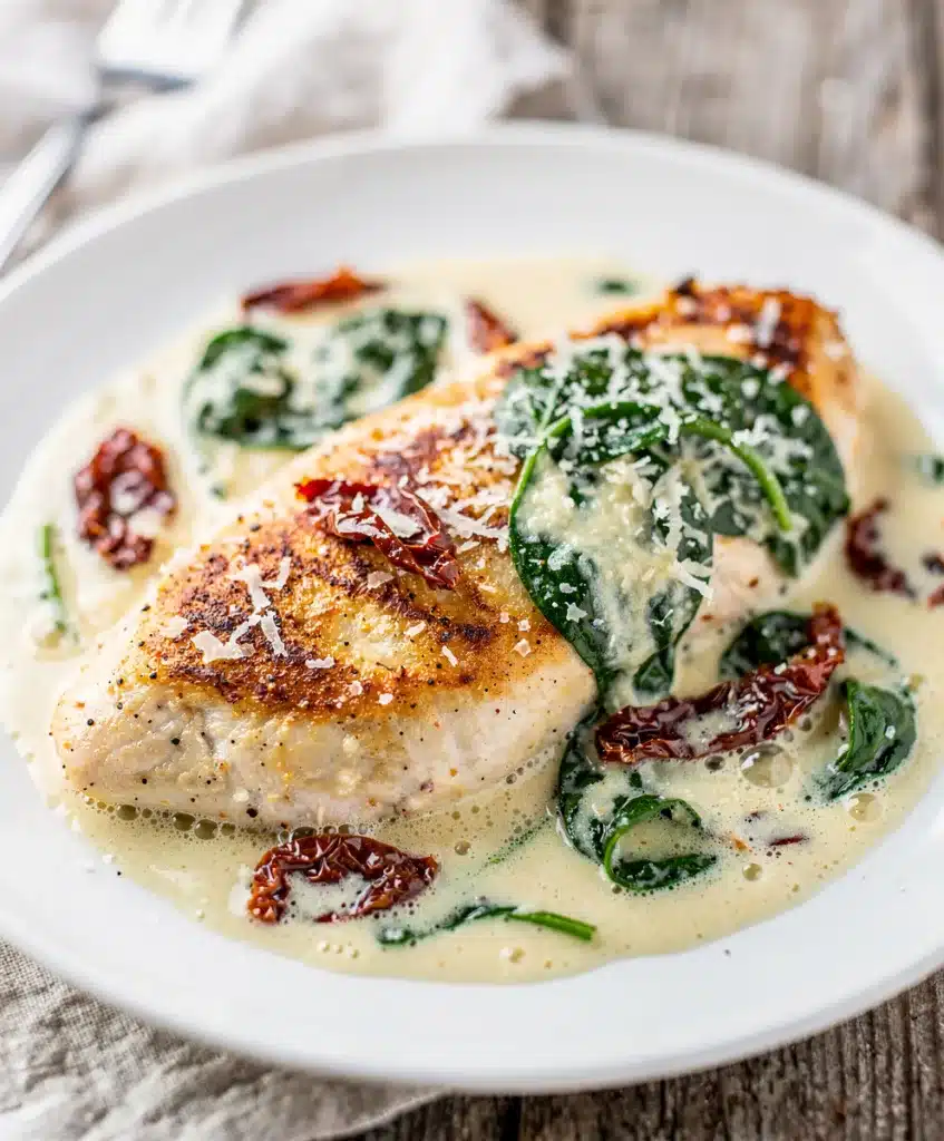 Creamy Tuscan chicken with sun dried tomatoes and spinach in Parmesan sauce