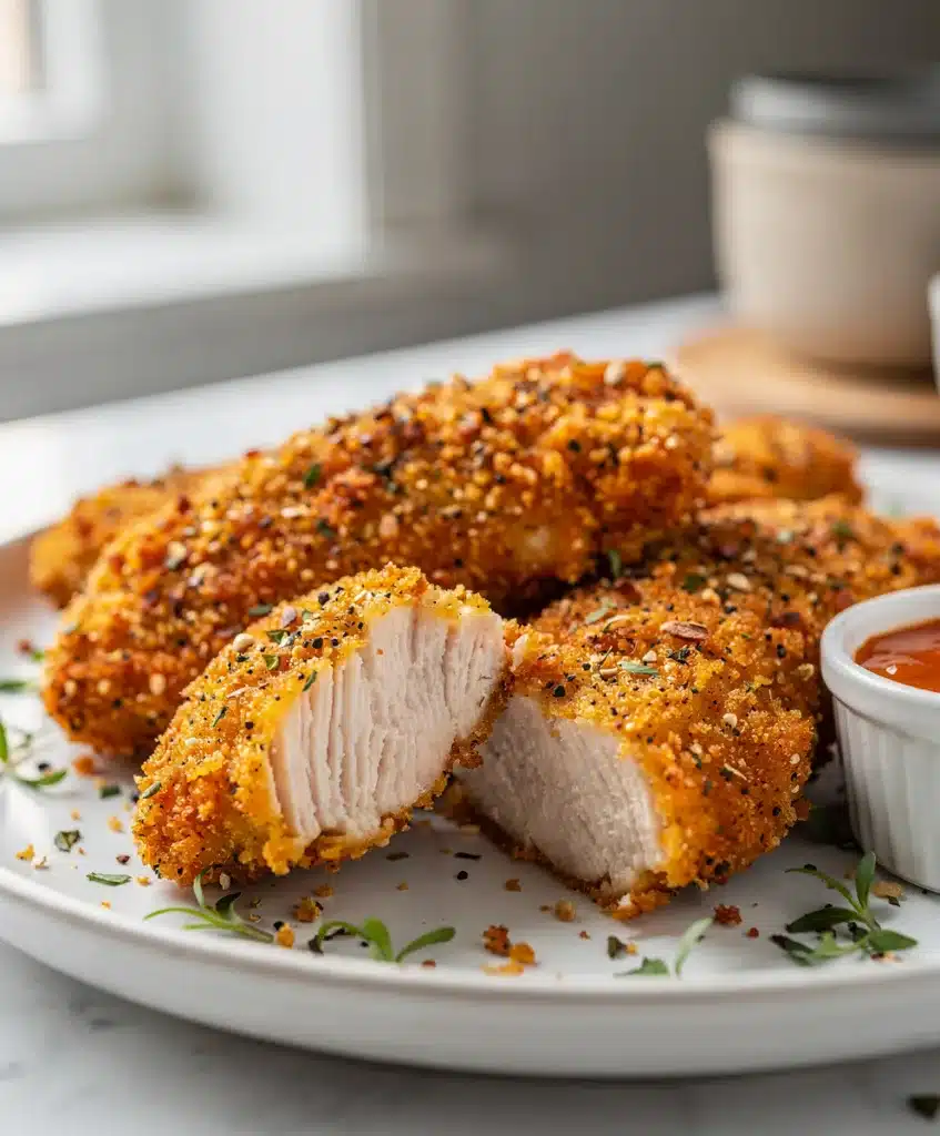 Crispy oven baked chicken tenders with golden panko parmesan coating and honey mustard.