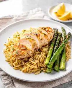 Crockpot Greek lemon chicken with garlicky orzo and vibrant roasted asparagus