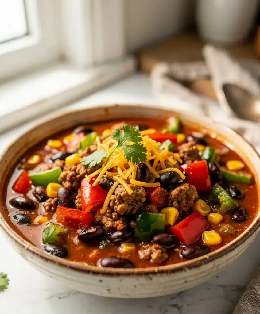 Creamy crockpot turkey chili with beans in a rustic wooden bowl.