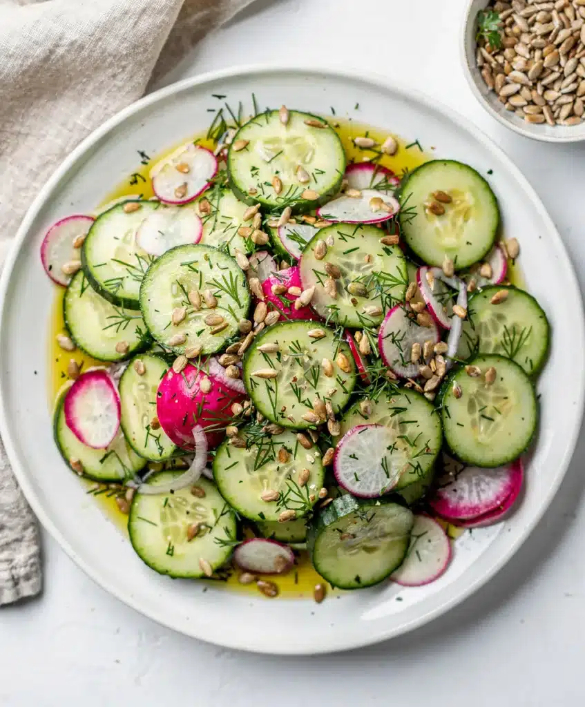 Crisp cucumber radish salad with fresh dill and toasted sunflower seeds