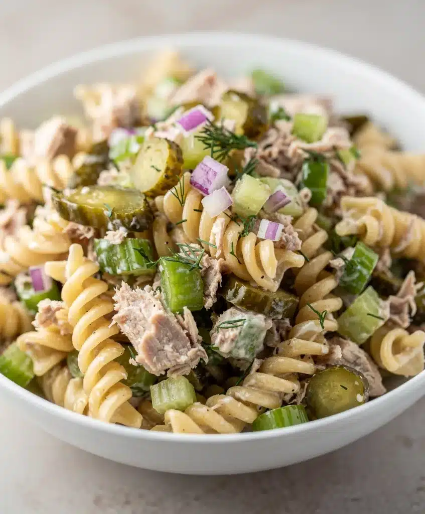 Creamy dill pickle tuna pasta salad with Greek yogurt dressing in white bowl.