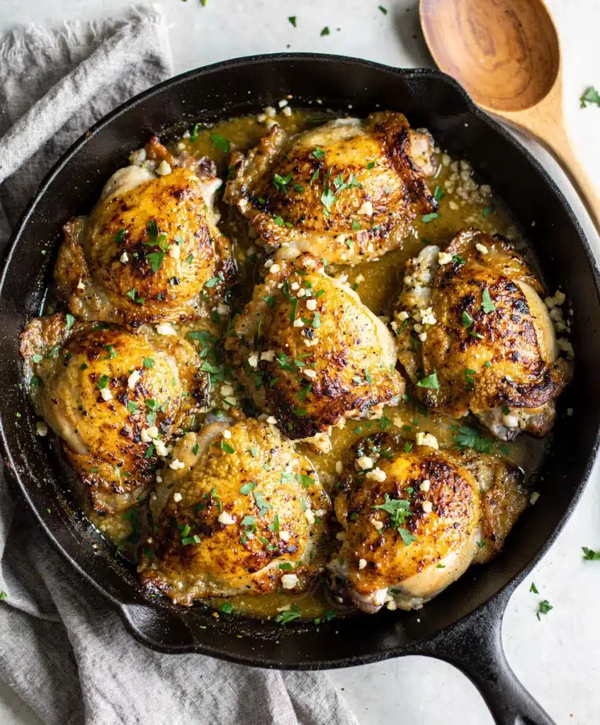 Golden seared garlic herb chicken thighs in glossy pan sauce with parsley